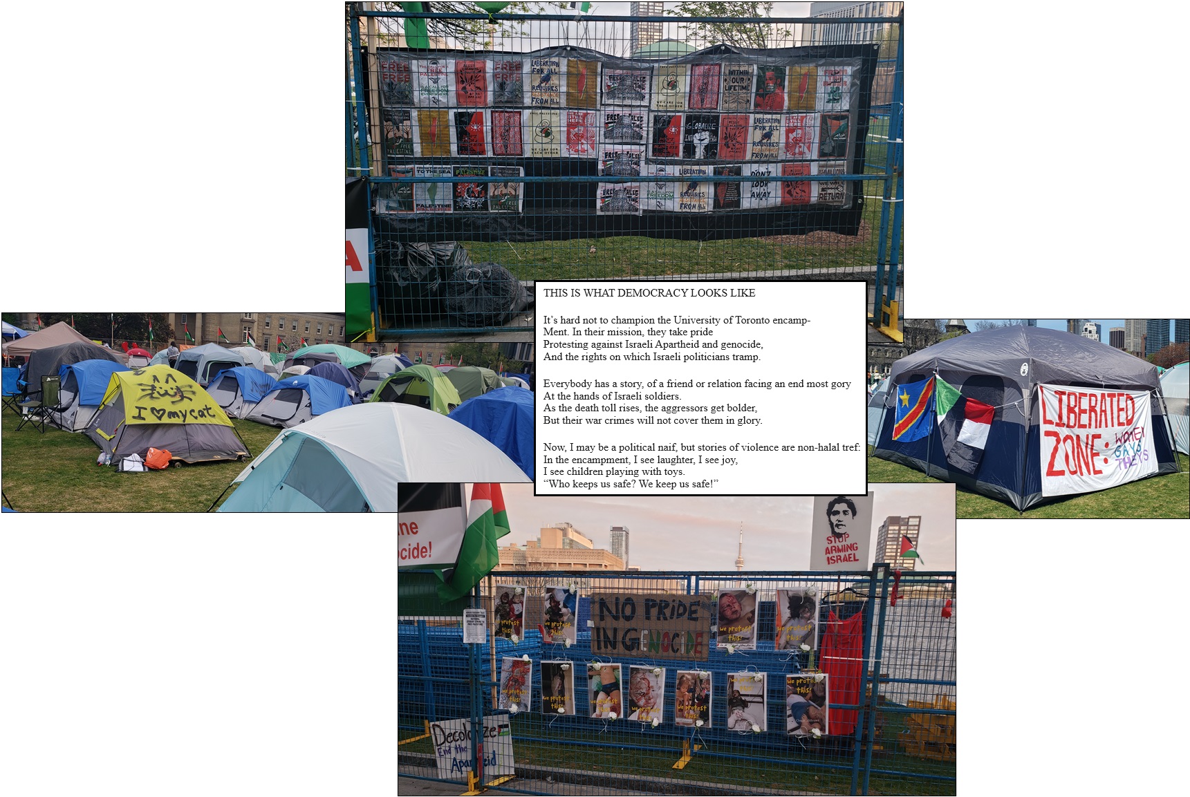 Tents and signs at the UofT pro-Palestinian encampment.