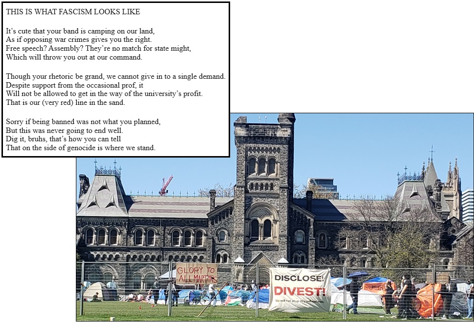 The pro-Palestinian encampment at UofT being dwarfed by a university building.