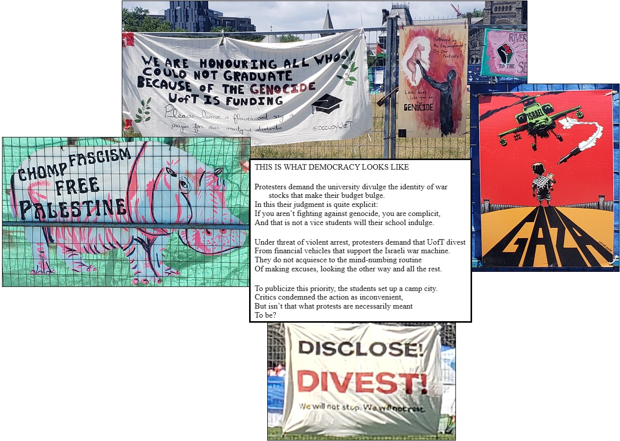 Signs on the fence of the pro-Palestinian encampment at the University of Toronto.