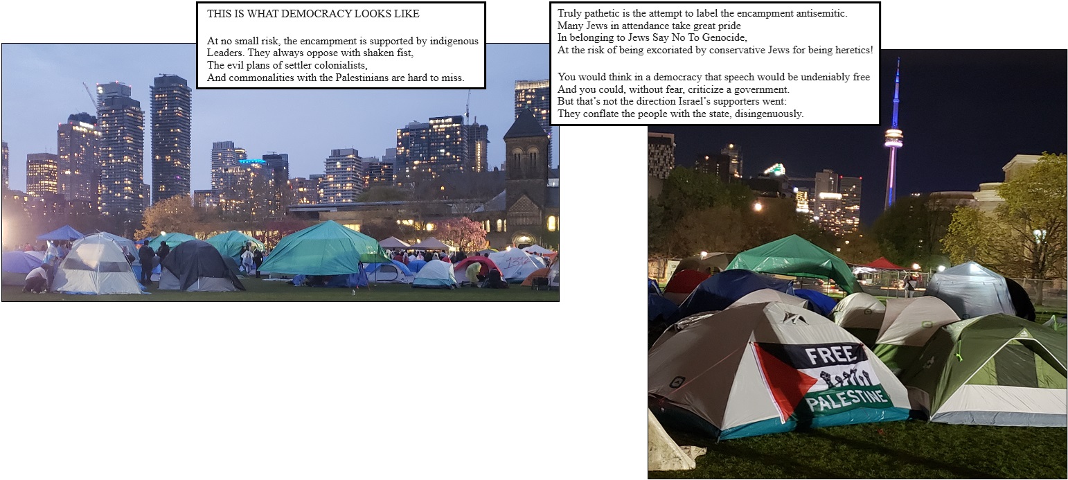 Images of tents at the pro-Palestinian UofT encampment.