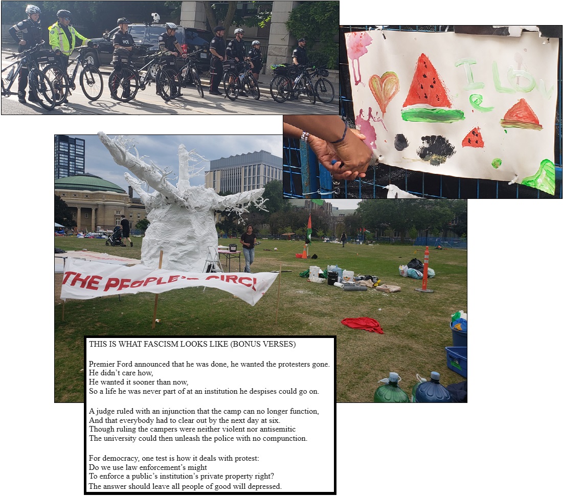 A line of police at the south entrance to the University of Toronto; a sign being taken down; a papier mache sculpture remains on the almost empty encampment grounds.