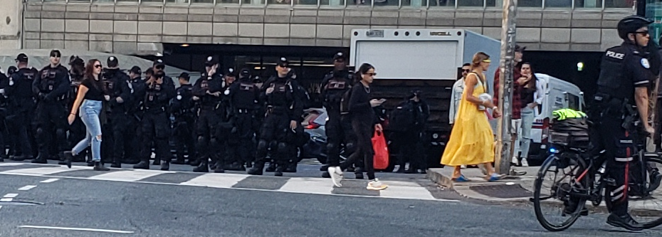 Row of police at an intersection.